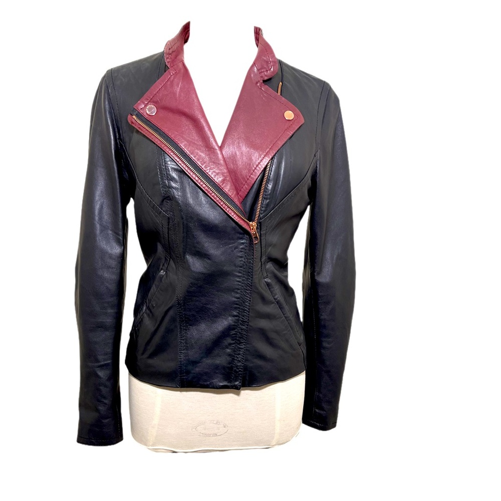 TED BAKER BURGUNDY AND BLACK LEATHER MOTORCYCLE JACKET 8